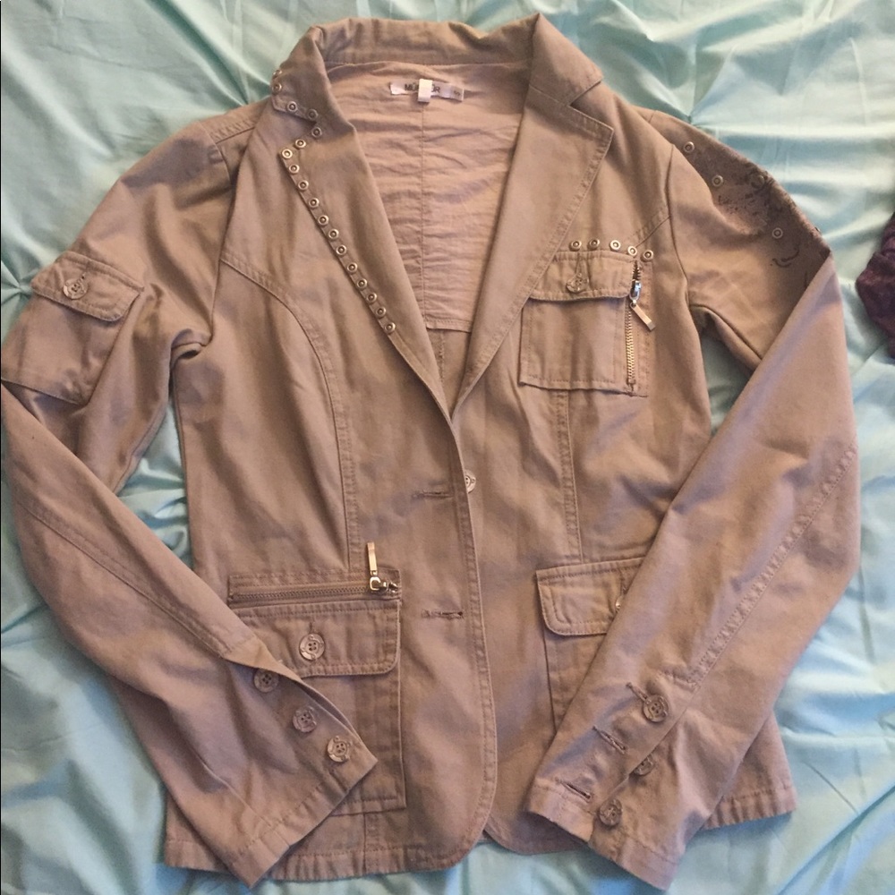 Khaki colored jacket with fun embellishments